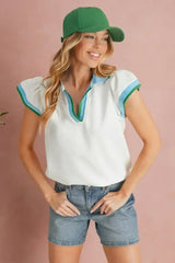 Beau Blue Color Collared V Neck Ruffle Sleeve Blouse | Femstylo - Femstylo