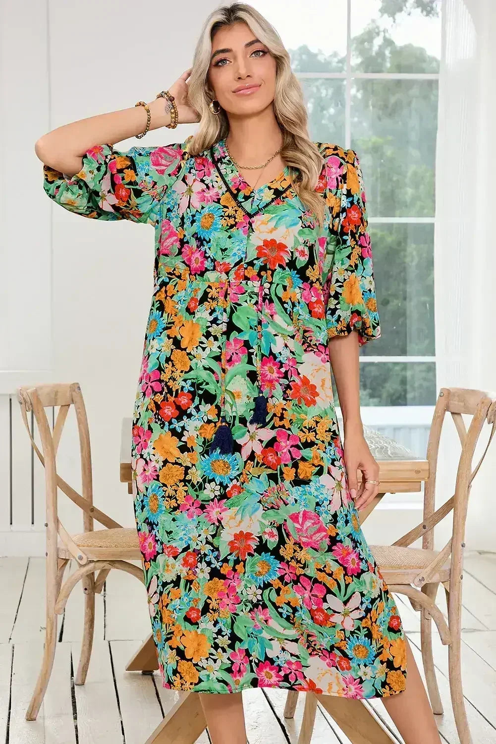 Green Boho Floral Puff Sleeve V Neck Tassel Drawstring Midi Dress - Femstylo