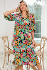 Green Boho Floral Puff Sleeve V Neck Tassel Drawstring Midi Dress - Femstylo