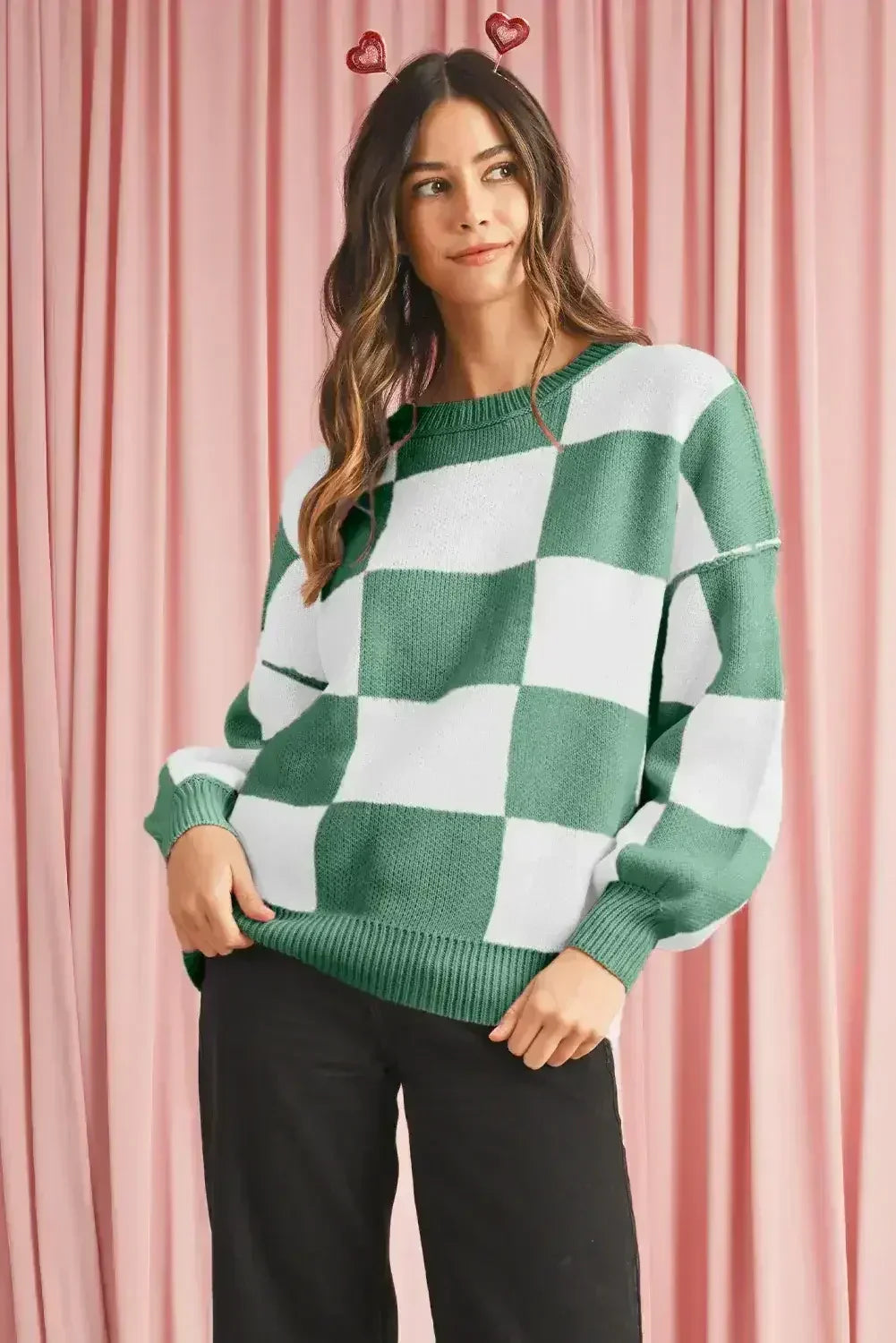 Green Checkered Bishop Sleeve Pullover Sweater - Femstylo
