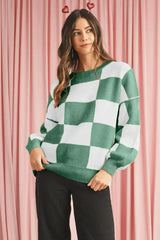 Green Checkered Bishop Sleeve Pullover Sweater - Femstylo