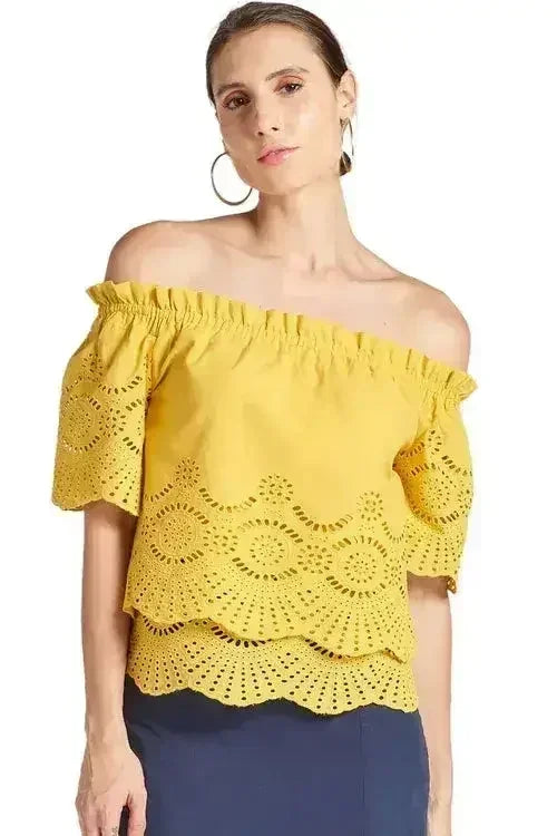 Marigold Daisy Top - Double layer off the shoulder cotton eyelet top - Femstylo