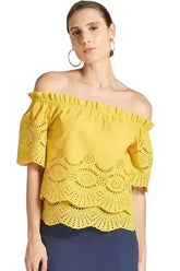 Marigold Daisy Top - Double layer off the shoulder cotton eyelet top - Femstylo