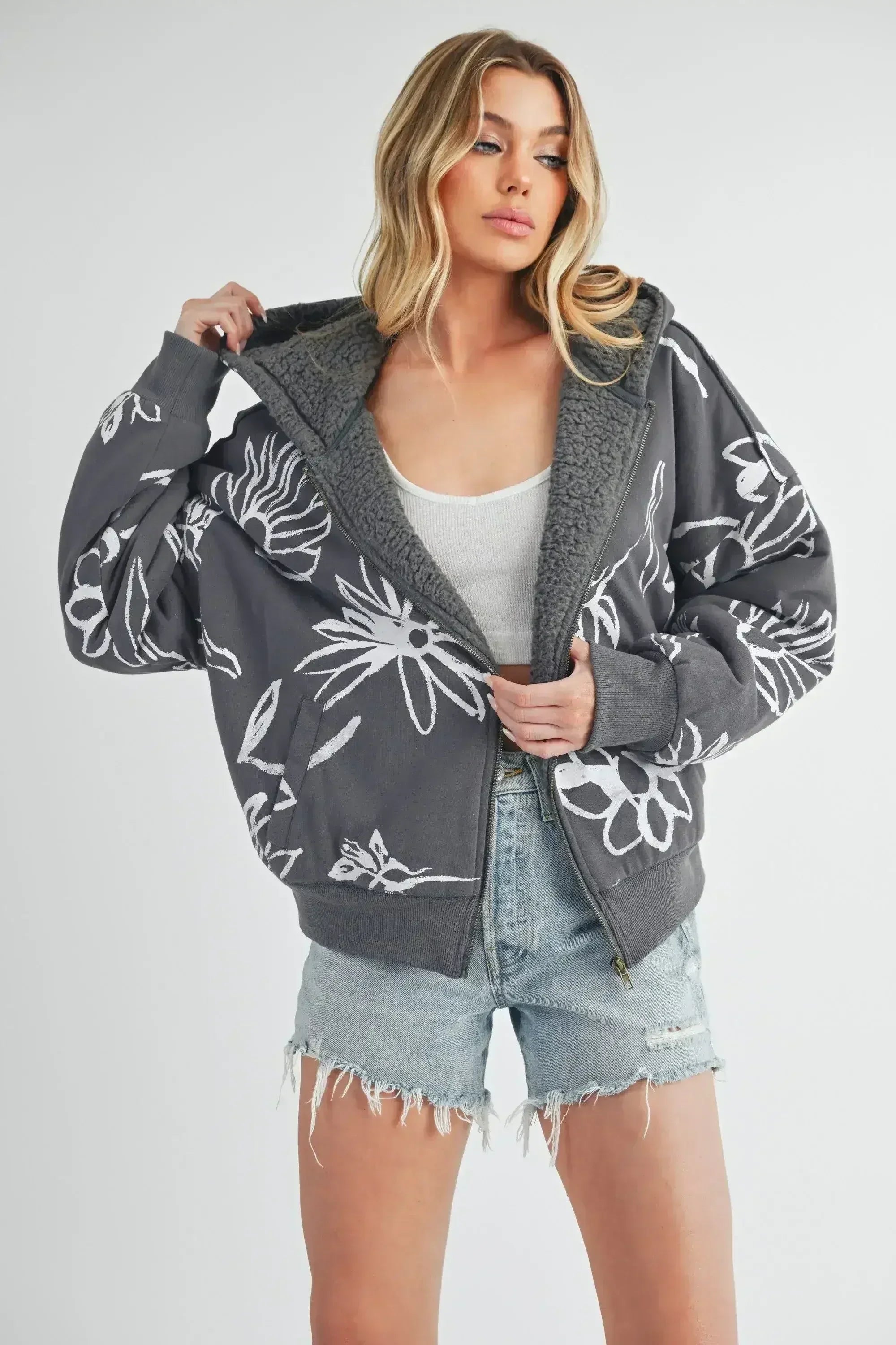Aemi + Co Flower Print Zip Up Sherpa Hoodie - Femstylo