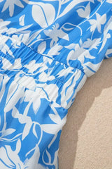 Sky Blue Floral Print Deep V Neck Puff Sleeve Flowy Dress - Femstylo