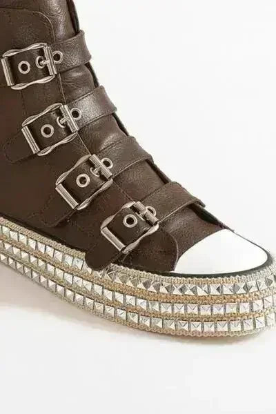 Beast Fashion Multi-Buckle Straps Studded Platform Sneakers - Femstylo