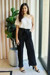 Dress Day Marvelous in Manhattan One-Shoulder Jumpsuit in White/Black - Femstylo