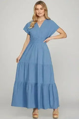 She + Sky Surplice Short Sleeve Tiered Maxi Dress With Pockets - Femstylo