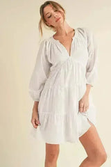 Aemi + Co Notched Balloon Sleeve Tiered Mini Dress - Femstylo