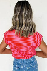 Black Stripe Ribbed Cap Sleeve Round Neck T Shirt - Femstylo