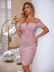 Slit Sequin Off-Shoulder Mini Dress - Femstylo