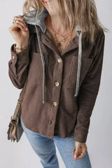 Black Hooded Drawstring Pockets Corduroy Shacket - Femstylo