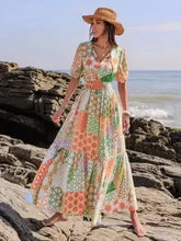 Printed Smocked Waist Short Sleeve Maxi Dress - Femstylo