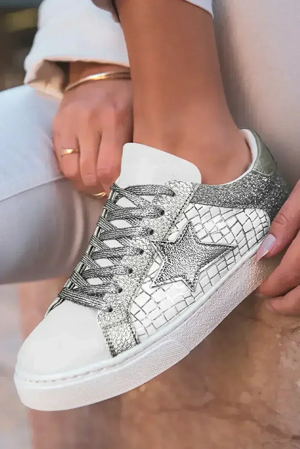 Gold Glitter Star Patchwork PU Leather Lace-up Sneakers - Femstylo