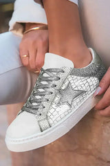 Gold Glitter Star Patchwork PU Leather Lace-up Sneakers - Femstylo