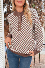 Dark Brown Plaid Contrast Trim Button Neck Sweater - Femstylo