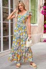 Yellow Floral Allover Print Shirred Cut Out High Waist Jumpsuit - Femstylo