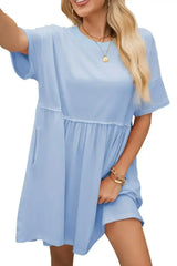 Sky Blue Solid Color Pocket Raw Edge Babydoll Dress - Femstylo
