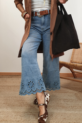 Dusk Blue Embroidered Cropped Wide Leg High Waist Jeans