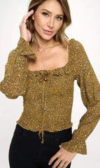 Smocked Floral Long Sleeve Top with Ruffle Neckline - Femstylo