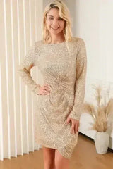 Twisted Long Sleeve Ruched Mini Sequin Dress - Femstylo