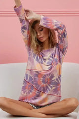BiBi Tie Dye French Terry Top with Cut Edge and Contrast - Femstylo