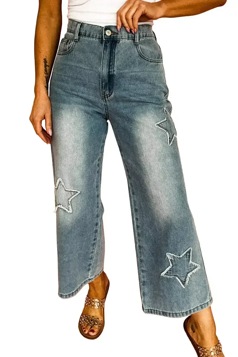 Stone Blue Star Patchwork Light Wash Wide Leg High Waist Jeans - Femstylo