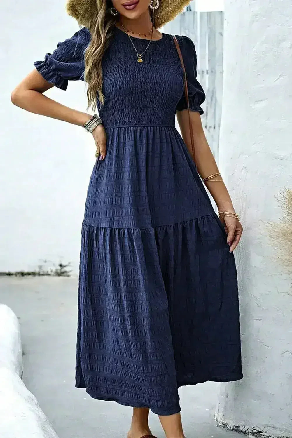 Sail Blue Solid Textured Smocked High Waist Midi Dress - Femstylo
