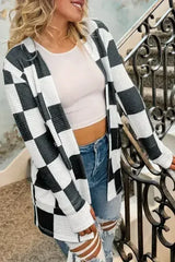 Black Checkered Waffle Knit Thumbhole Open Front Cardigan - Femstylo