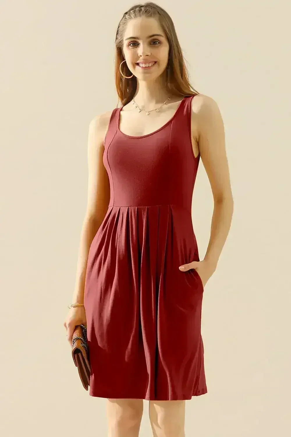 Doublju Full Size Round Neck Ruched Sleeveless Dress with Pockets - Femstylo