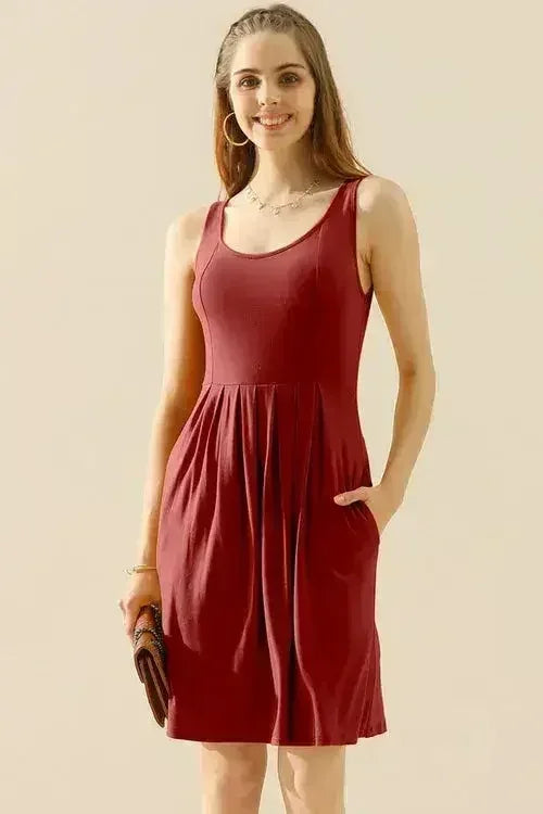 Doublju Full Size Round Neck Ruched Sleeveless Dress with Pockets - Femstylo
