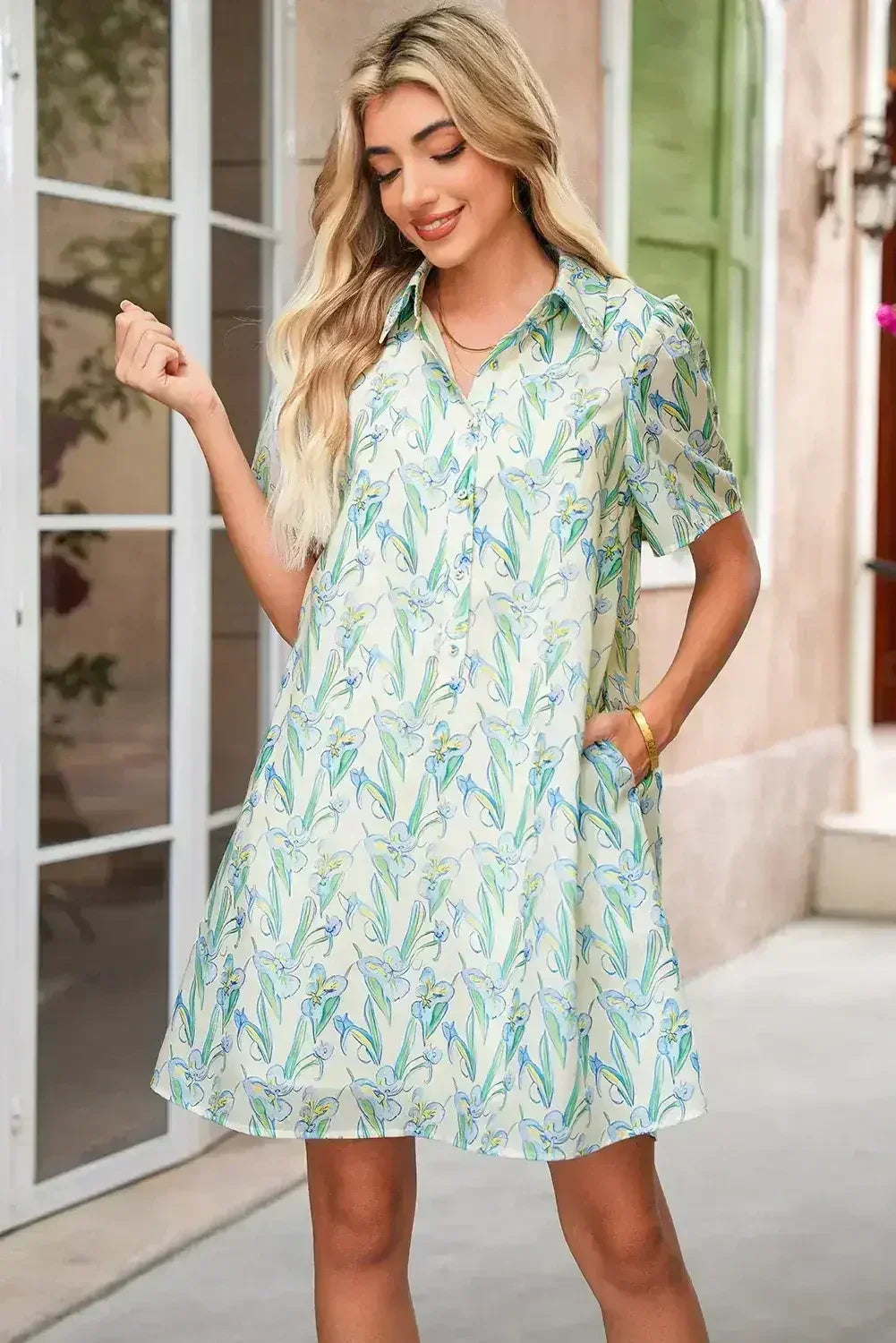 Green Floral Half Button Short Sleeve Mini Dress - Femstylo
