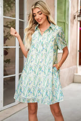 Green Floral Half Button Short Sleeve Mini Dress - Femstylo