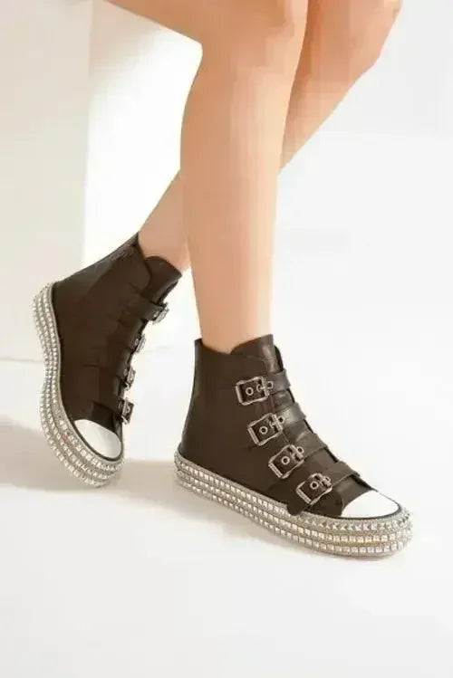 Beast Fashion Multi-Buckle Straps Studded Platform Sneakers - Femstylo