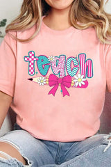 Pink Retro Checkered teach and Bow Pencil Graphic T Shirt