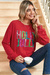 Red HOLLY JOLLY Heat Transfer Printing Graphic Christmas Pullover Sweatshirt