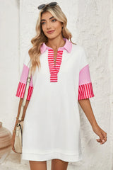 White Stripe Colorblock Sleeve Collared Pop of Color Neckline Dress