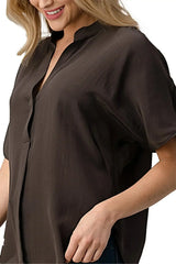 Effortless Dark Grey Oversized Button-Up Blouse for Women - Femstylo