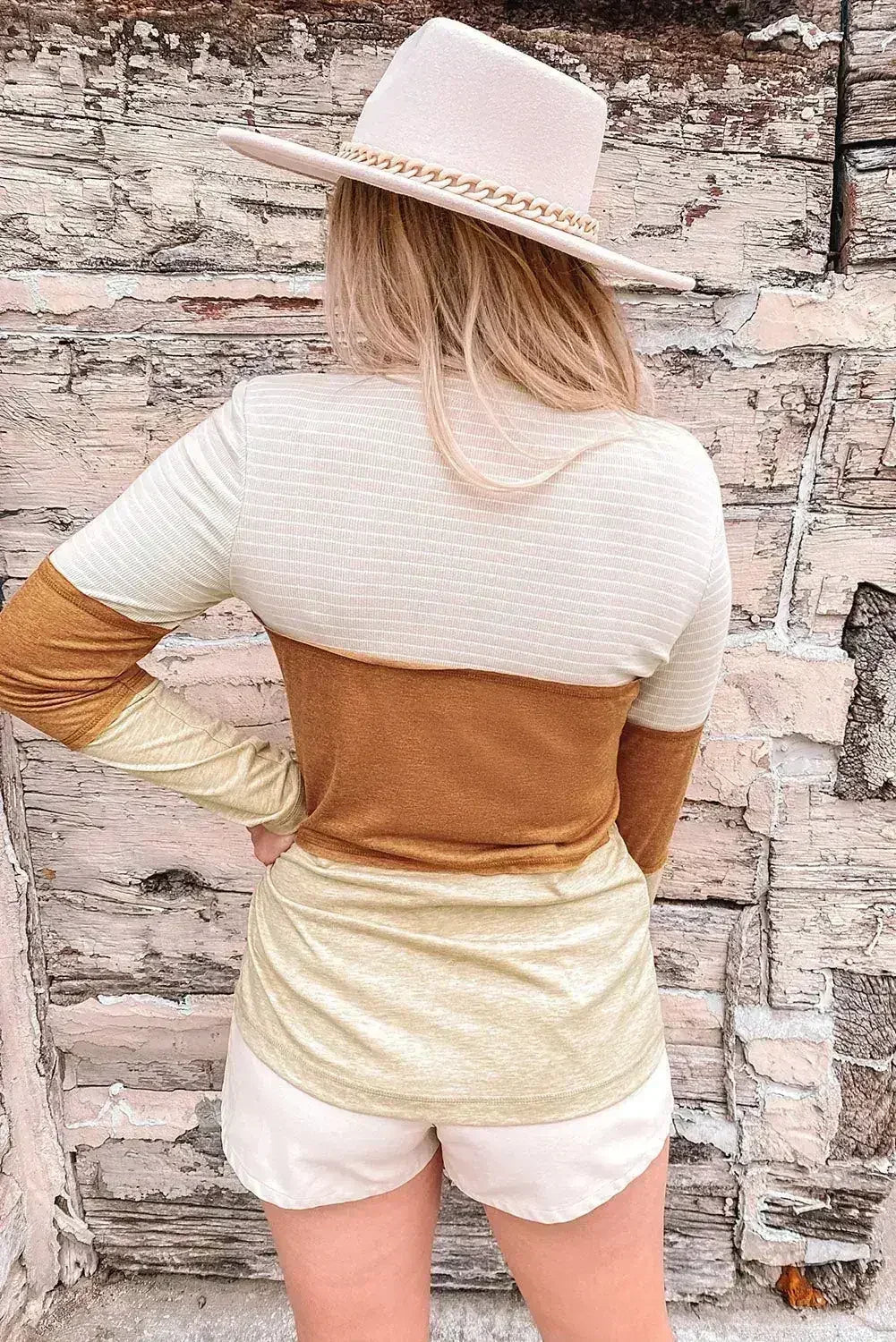 Orange Color Block Henley Top - Striped V-Neck Knit | Femstylo - Femstylo