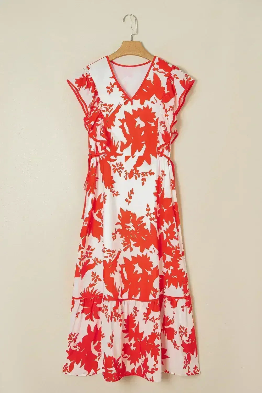 Red Floral Print Trimmed V Neck Ruffle Sleeve Maxi Dress - Femstylo