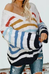 Women's Multicolor Stripe Bubblegum V-Neck Braided Knit Sweater - Femstylo