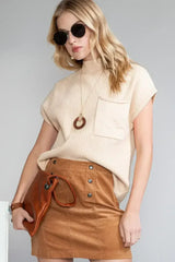 Mineral Red Patch Pocket Ribbed Knit Short Sleeve Sweater - Femstylo