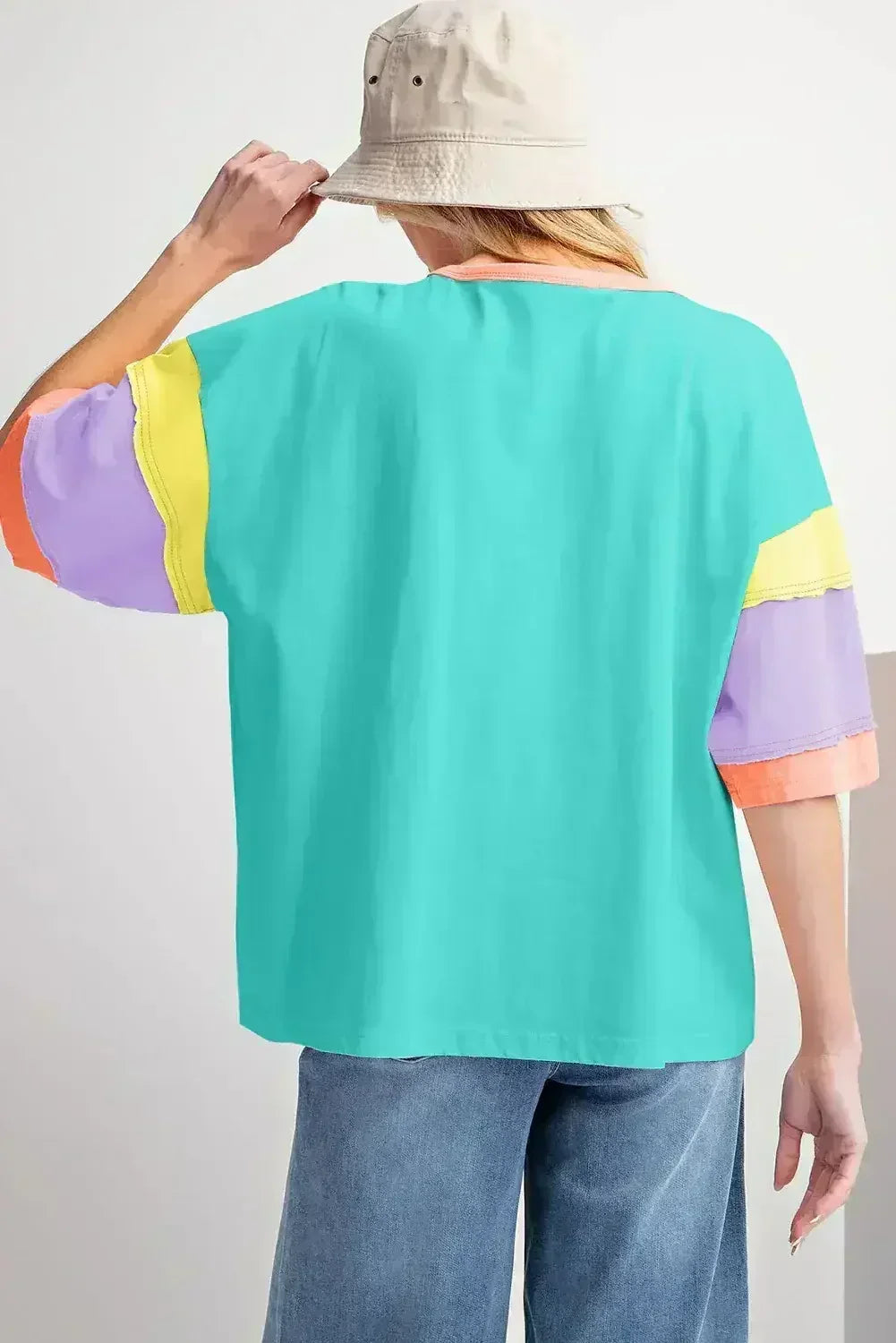 Light Blue Color Block Sleeve Round Neck Oversize Top - Femstylo