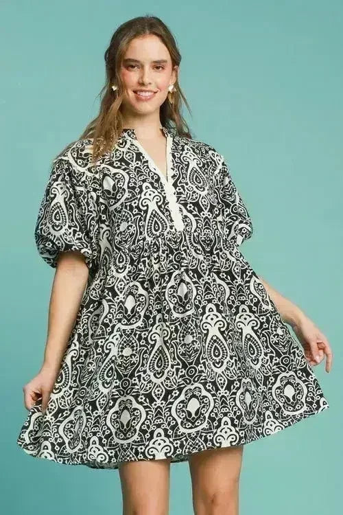 Umgee Full Size Abstract Print Puff Sleeve Dress Plus Size - Femstylo