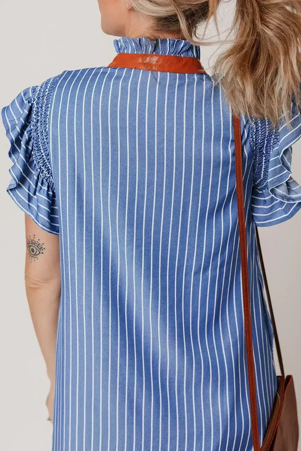 Sky Blue Stripe Frilly Split Neck Shirred Ruffle Sleeve Mini Shift Dress - Femstylo