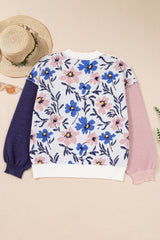 Khaki Vibrant Floral Contrast Colorblock Sleeve Pullover Sweater