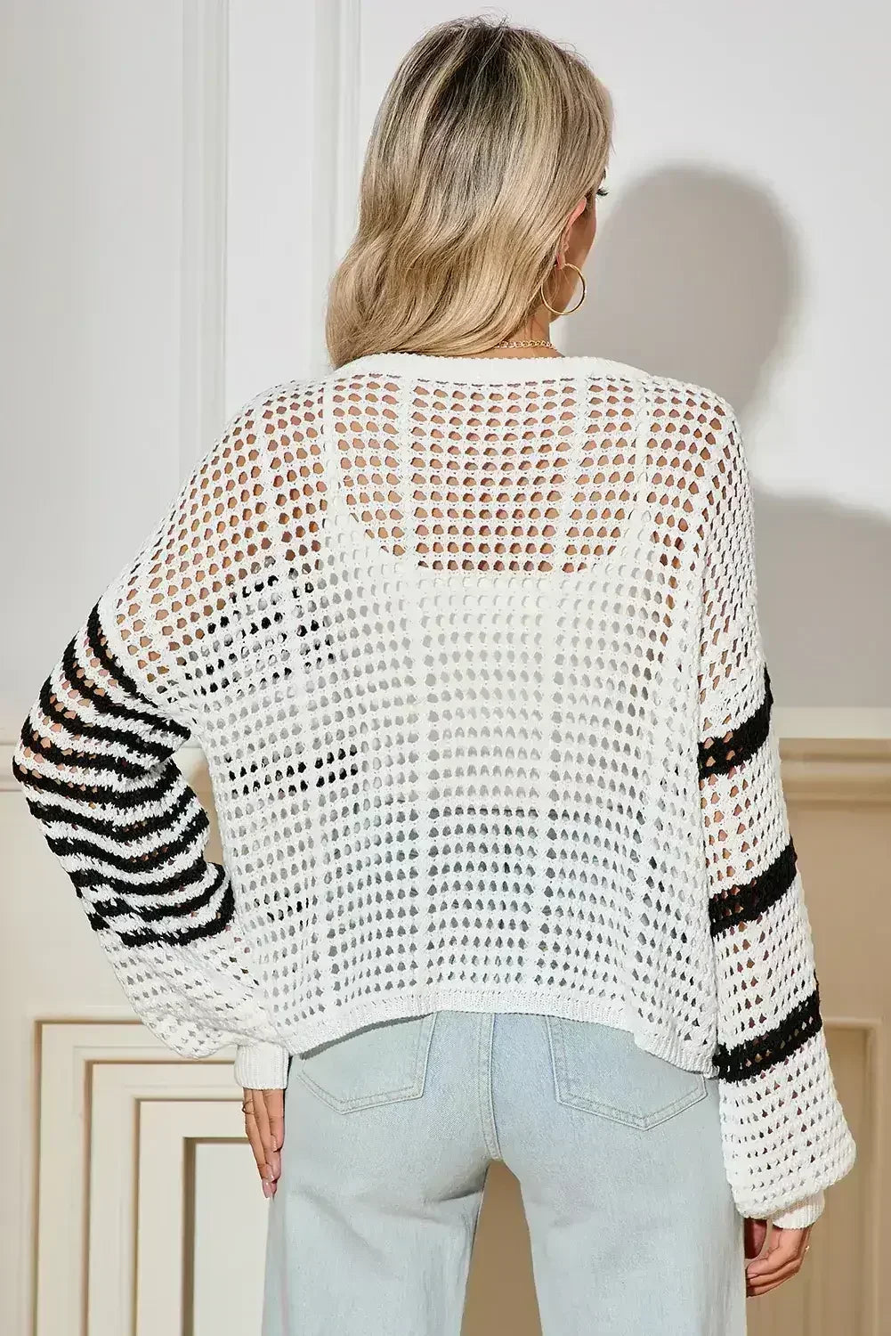 White Striped Lantern Sleeve Hollow Knitted Sweater - Femstylo