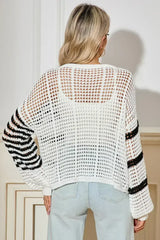 White Striped Lantern Sleeve Hollow Knitted Sweater - Femstylo