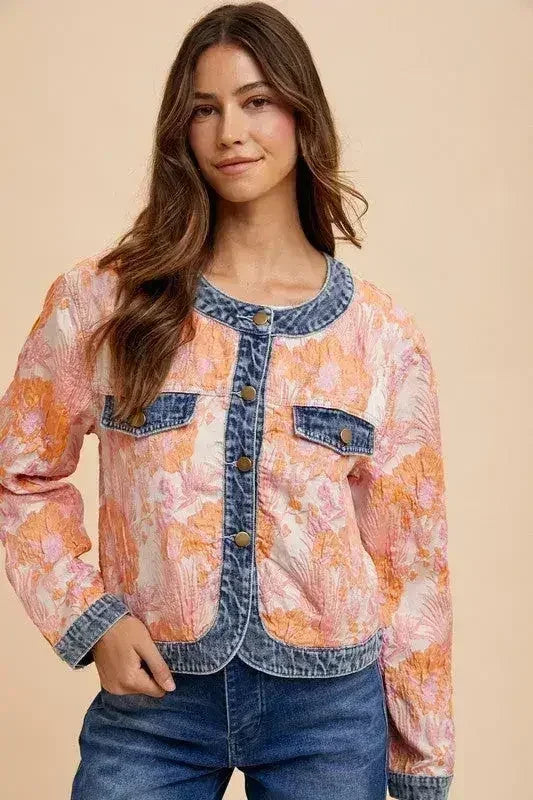 Floral Jacquard Denim Jacket - Contrast Button Down | Femstylo - Femstylo