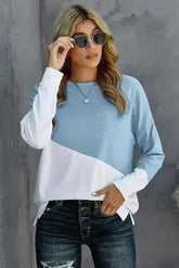 Light Blue White Patchwork Dropped Shoulder Sweatshirt - Femstylo